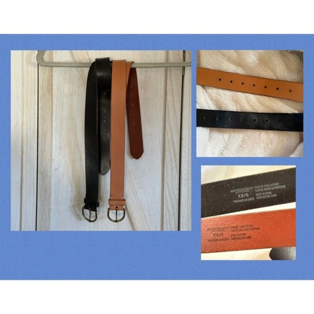 American Eagle Lot of 2 Womens Belts Black Tan Genuine Leather Dress Casual XS/S